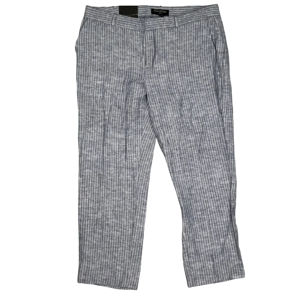 Banana Republic Pants Womens 10P Blue Pinstripe Hampton Fit Linen Lightweight